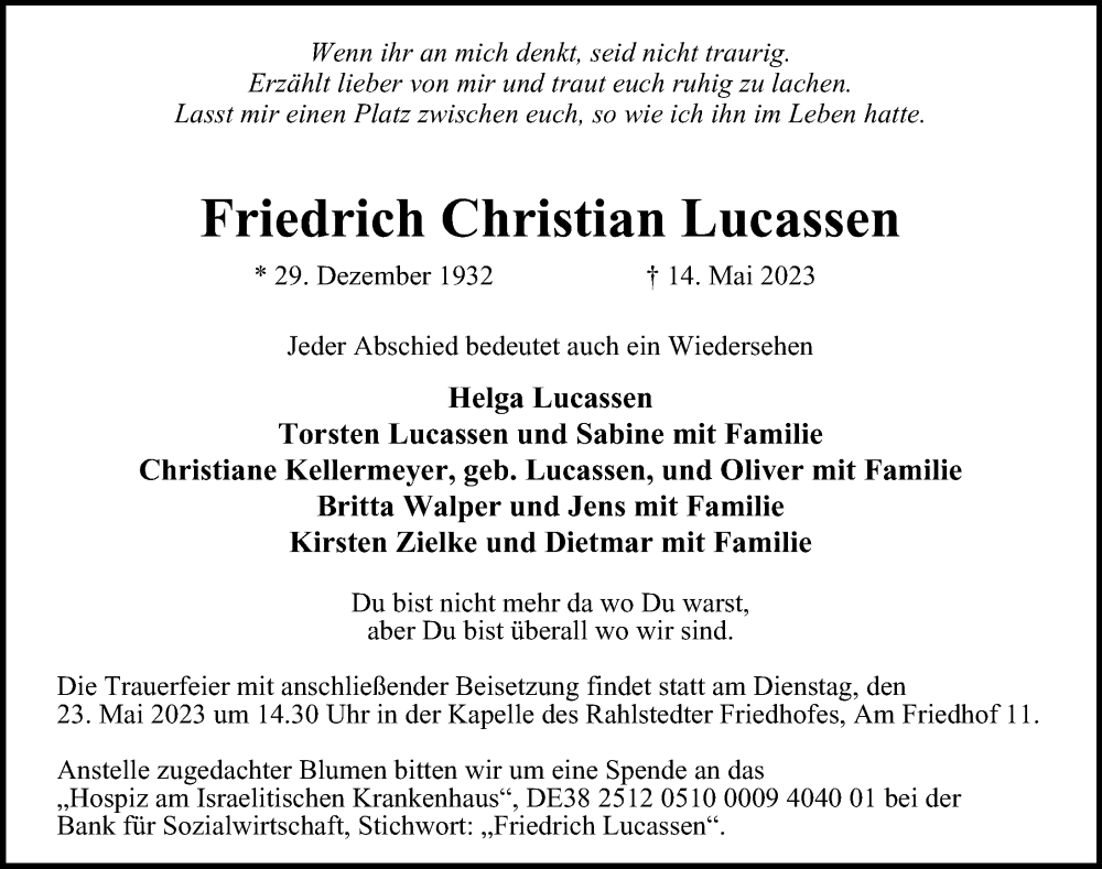  Traueranzeige für Friedrich Christian Lucassen vom 20.05.2023 aus Hamburger Abendblatt