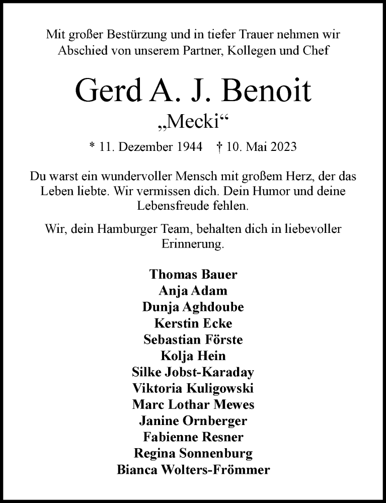  Traueranzeige für Gerd A. J. Benoit vom 20.05.2023 aus Hamburger Abendblatt