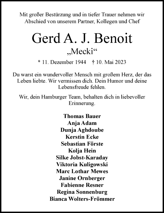 Traueranzeige von Gerd A. J. Benoit von Hamburger Abendblatt