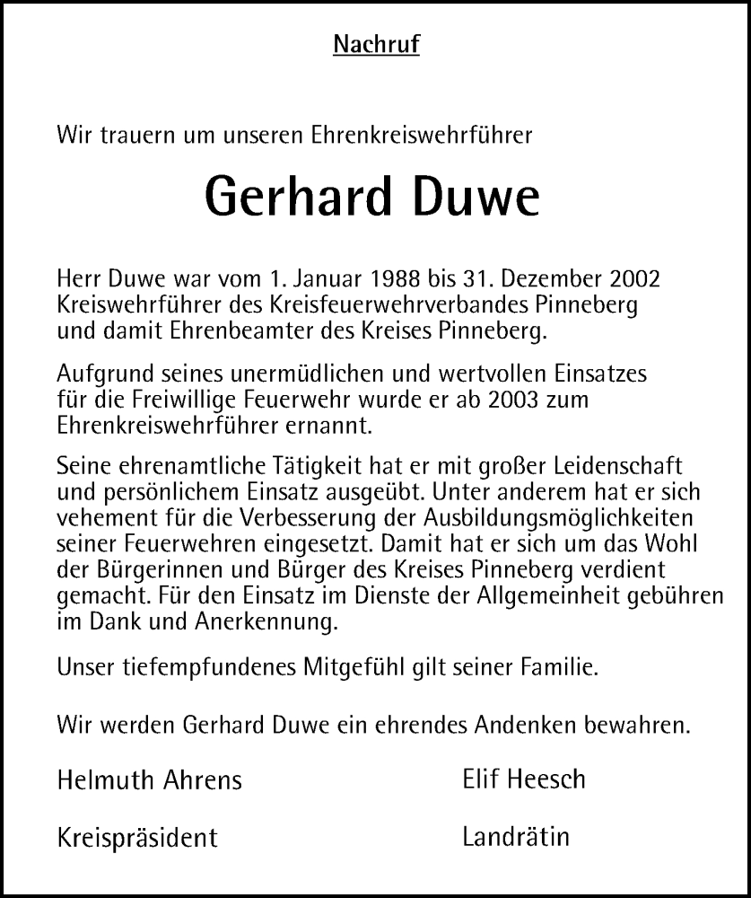  Traueranzeige für Gerhard Duwe vom 27.05.2023 aus HA Regio Pinneberg