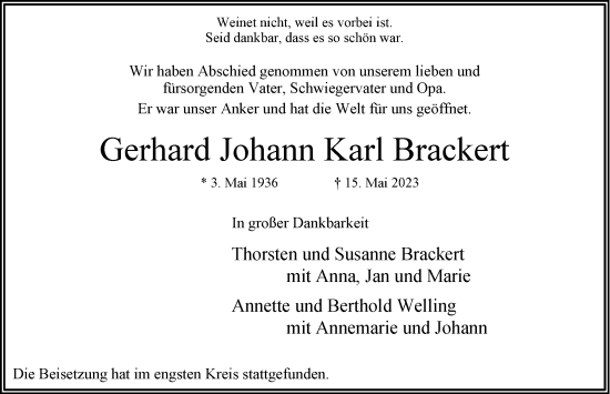 Traueranzeige von Gerhard Johann Karl Brackert von Hamburger Abendblatt