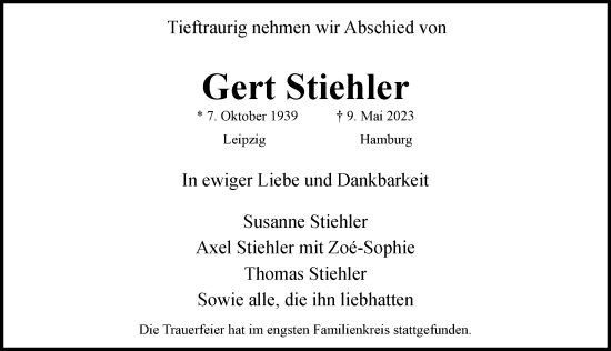 Traueranzeige von Gert Stiehler von Hamburger Abendblatt