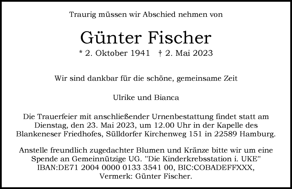  Traueranzeige für Günter Fischer vom 13.05.2023 aus Hamburger Abendblatt