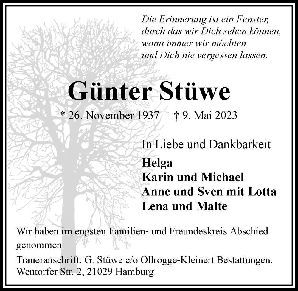  Traueranzeige für Günter Stüwe vom 20.05.2023 aus Bille Wochenblatt, Bergedorfer Zeitung