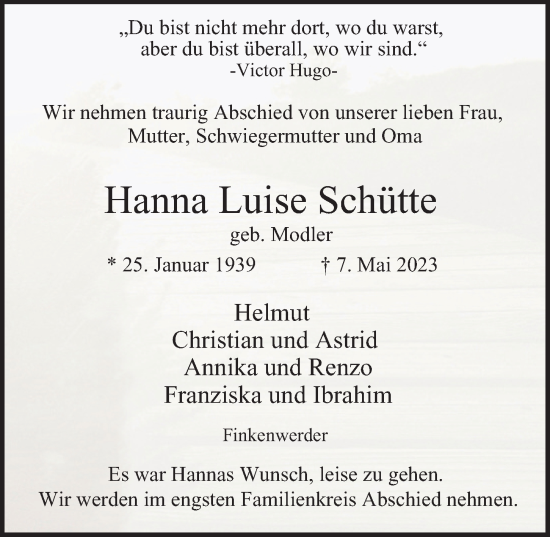 Traueranzeige von Hanna Luise Schütte 