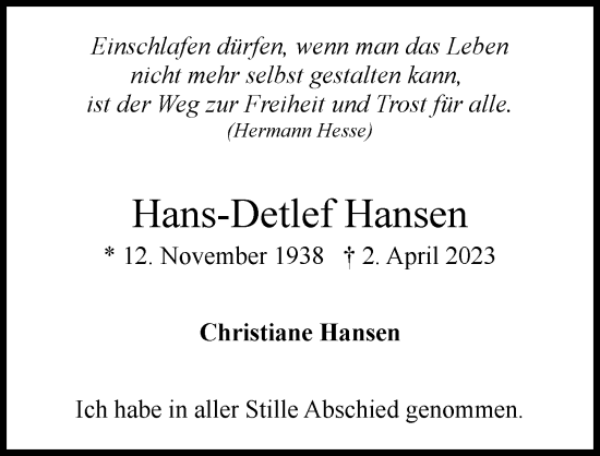 Traueranzeige von Hans-Detlef Hansen von Hamburger Abendblatt