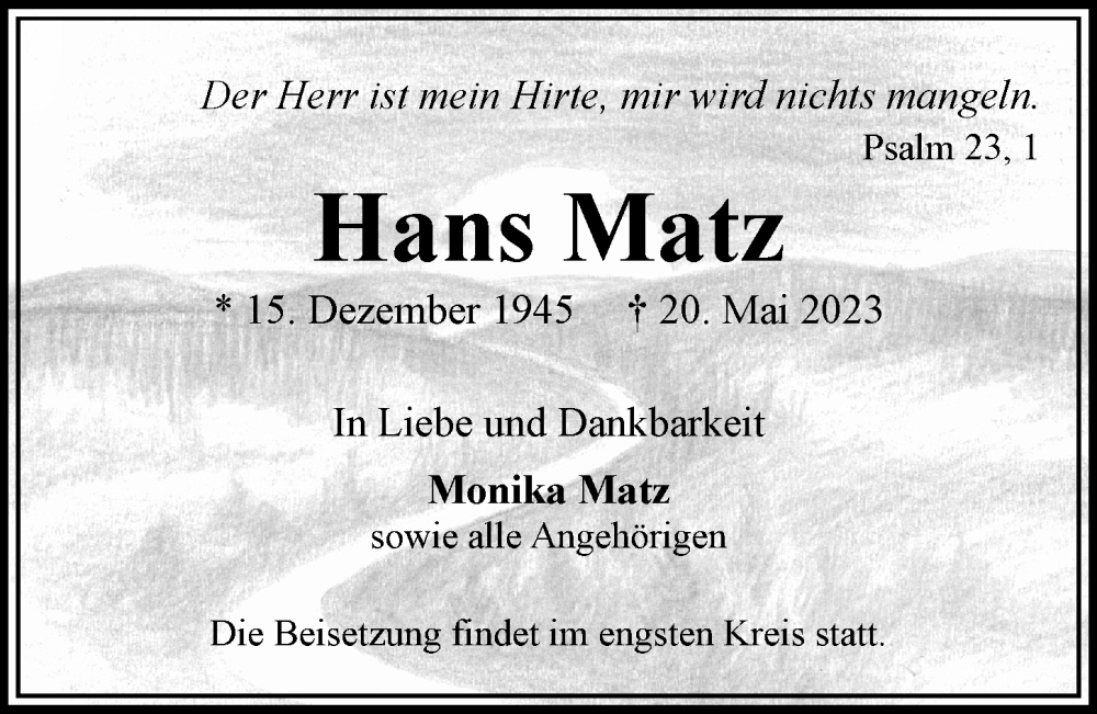  Traueranzeige für Hans Matz vom 27.05.2023 aus Wandsbek/Rahlstedt/Jenfeld/Farmsen
