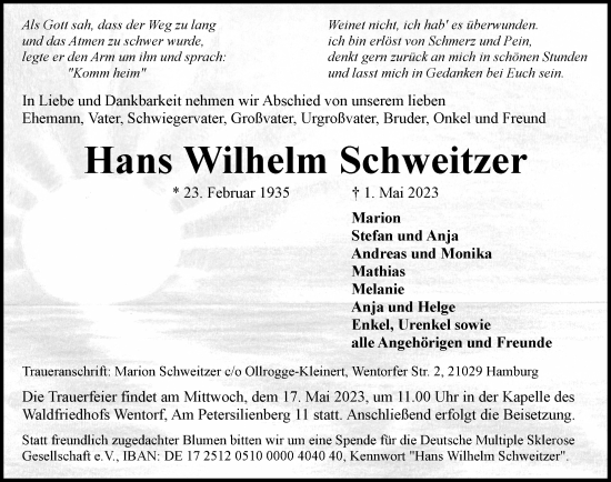 Traueranzeige von Hans Wilhelm Schweitzer von Bille Wochenblatt