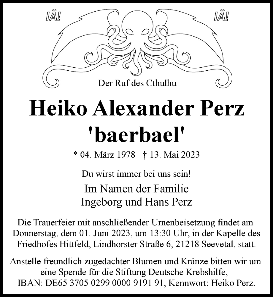  Traueranzeige für Heiko Alexander Perz vom 27.05.2023 aus Hamburger Abendblatt