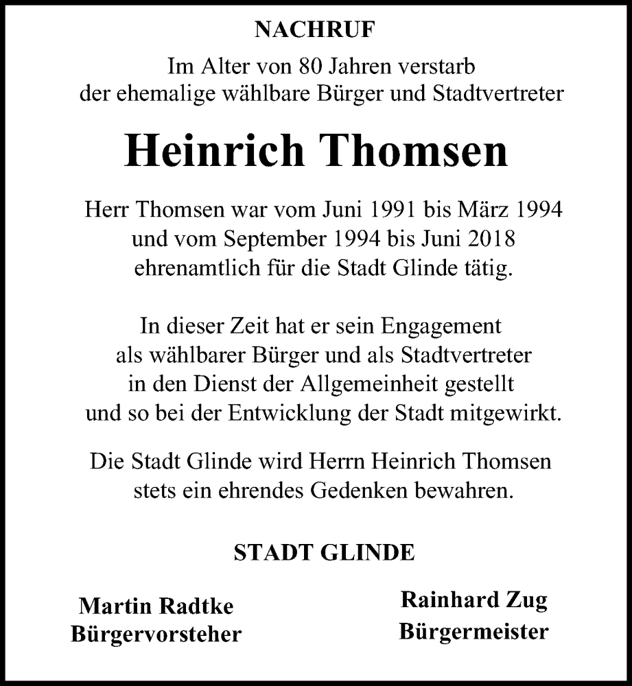  Traueranzeige für Heinrich Thomsen vom 17.05.2023 aus Glinder Zeitung