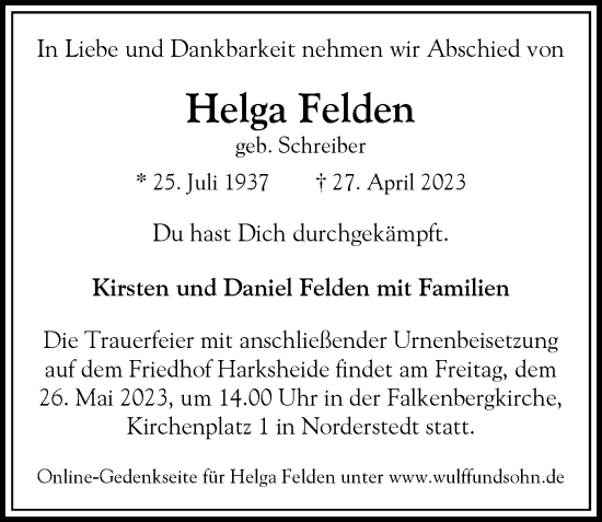 Traueranzeige von Helga Felden von HA Regio Norderstedt