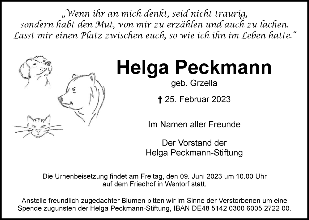  Traueranzeige für Helga Peckmann vom 20.05.2023 aus Bille Wochenblatt, Bergedorfer Zeitung