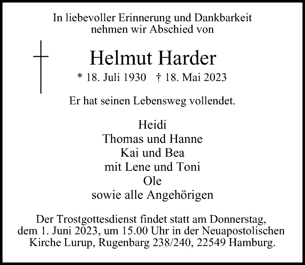  Traueranzeige für Helmut Harder vom 27.05.2023 aus Hamburger Abendblatt