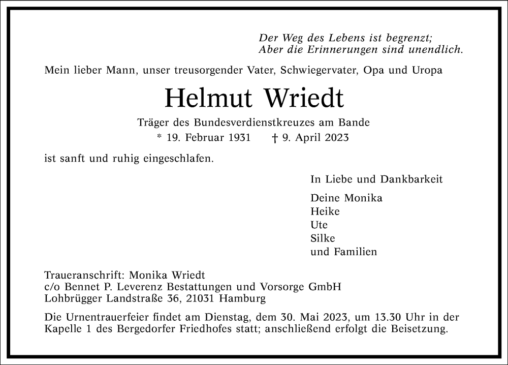  Traueranzeige für Helmut Wriedt vom 24.05.2023 aus Hamburger Abendblatt