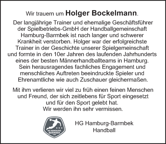 Traueranzeige von Holger Bockelmann von Bergedorfer Zeitung