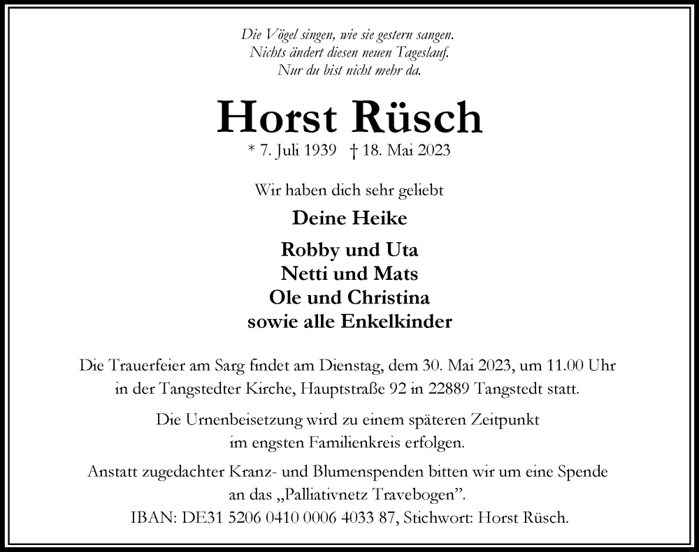  Traueranzeige für Horst Rüsch vom 27.05.2023 aus Hamburger Abendblatt