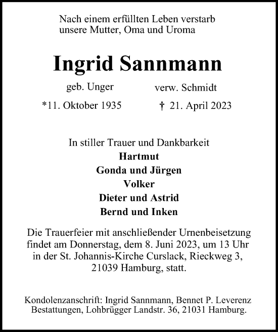 Traueranzeige von Ingrid Sannmann von Bille Wochenblatt, Bergedorfer Zeitung