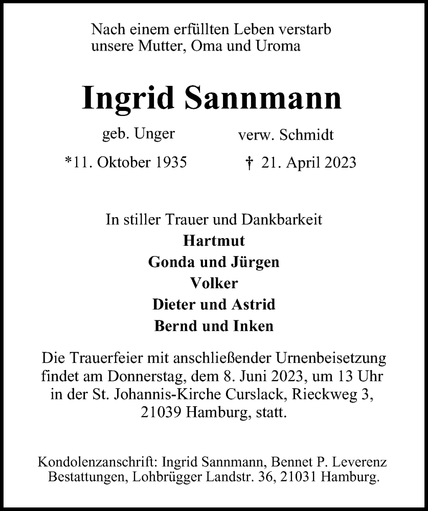  Traueranzeige für Ingrid Sannmann vom 20.05.2023 aus Bille Wochenblatt, Bergedorfer Zeitung