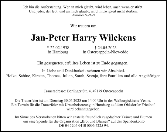 Traueranzeige von Jan-Peter Harry Wilckens von Hamburger Abendblatt
