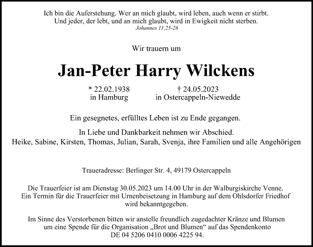  Traueranzeige für Jan-Peter Harry Wilckens vom 27.05.2023 aus Hamburger Abendblatt