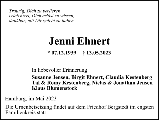 Traueranzeige von Jenni Ehnert von Hamburger Abendblatt