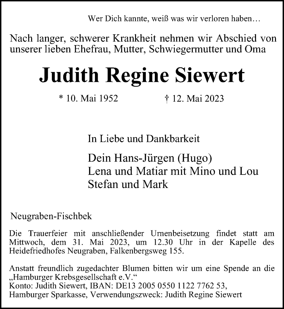  Traueranzeige für Judith Regine Siewert vom 20.05.2023 aus 