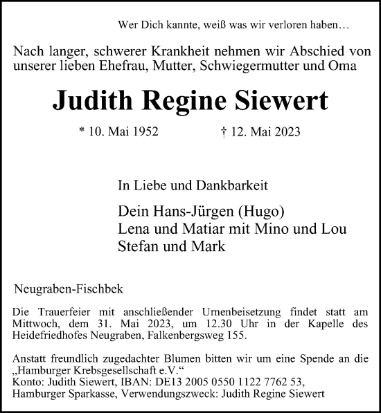 Traueranzeige von Judith Regine Siewert 