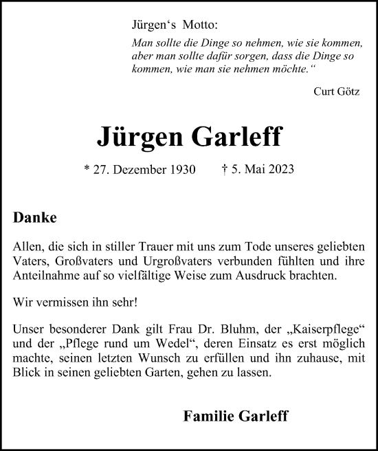 Traueranzeige von Jürgen Garleff von Hamburger Abendblatt