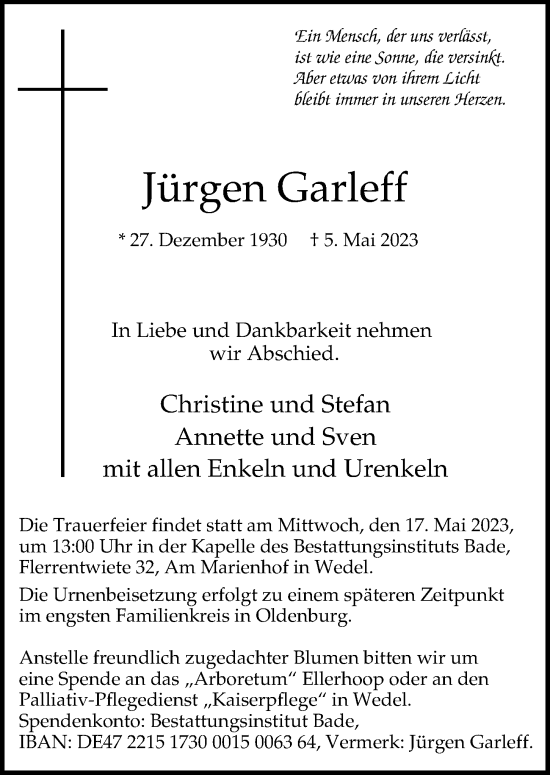 Traueranzeige von Jürgen Garleff von Hamburger Abendblatt