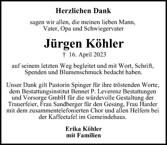 Traueranzeige von Jürgen Köhler von Bille Wochenblatt, Bergedorfer Zeitung