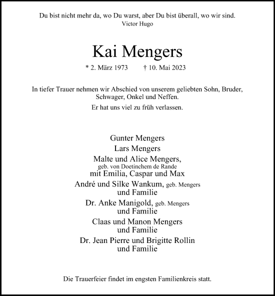 Traueranzeige von Kai Mengers von Hamburger Abendblatt