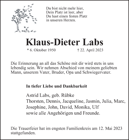 Traueranzeige von Klaus-Dieter Labs von Wandsbek/Rahlstedt/Jenfeld/Farmsen