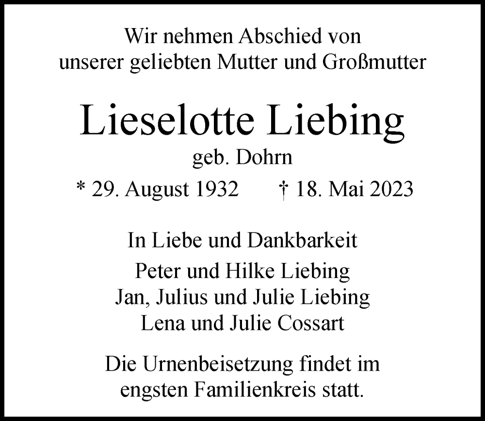 Traueranzeige für Lieselotte Liebing vom 27.05.2023 aus Hamburger Abendblatt