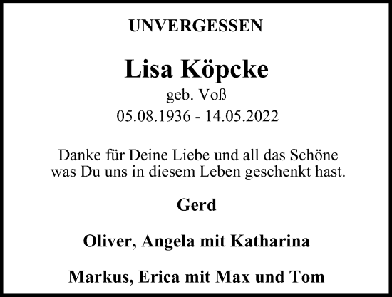 Traueranzeige von Lisa Köpcke von Hamburger Abendblatt