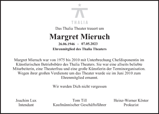 Traueranzeige von Margret Mieruch von Hamburger Abendblatt