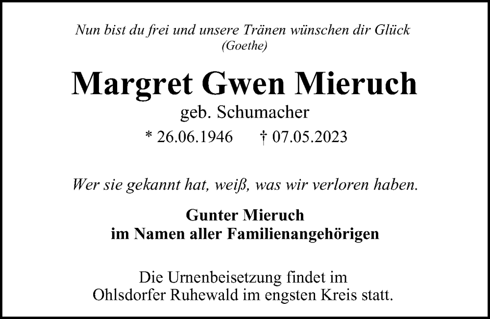  Traueranzeige für Margret Gwen Mieruch vom 20.05.2023 aus Hamburger Abendblatt