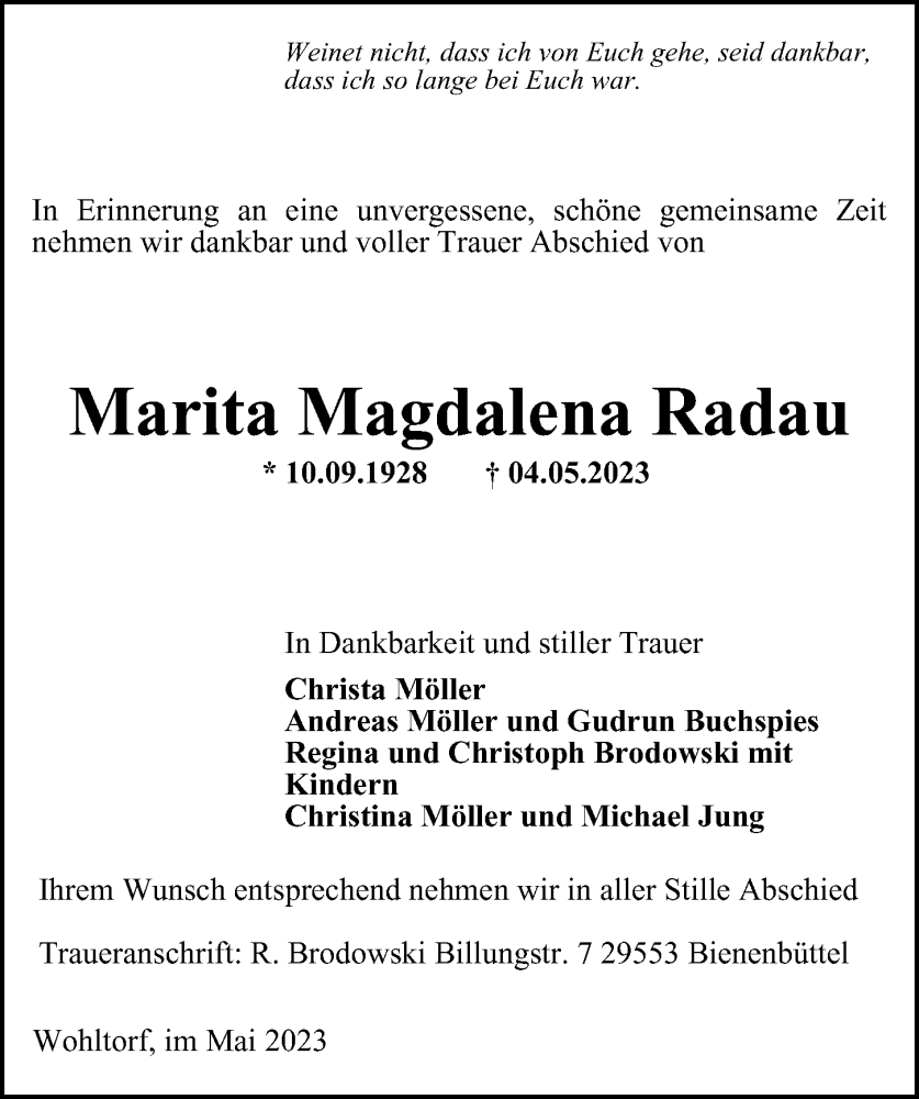  Traueranzeige für Marita Magdalena Radau vom 17.05.2023 aus Glinder Zeitung