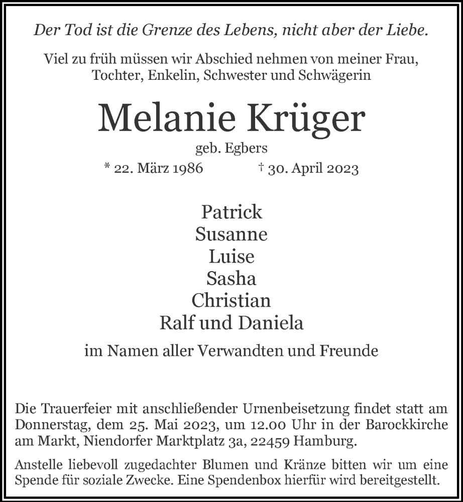  Traueranzeige für Melanie Krüger vom 20.05.2023 aus Niendorfer Wochenblatt