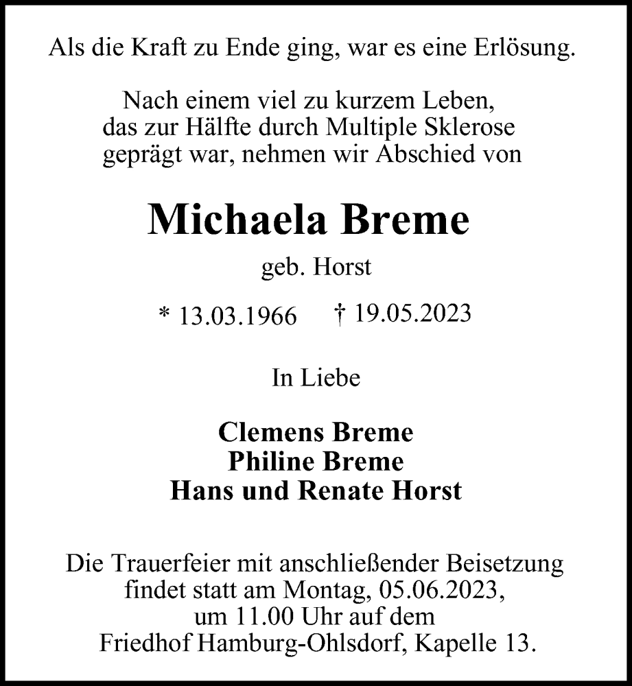  Traueranzeige für Michaela Breme vom 27.05.2023 aus Hamburger Abendblatt