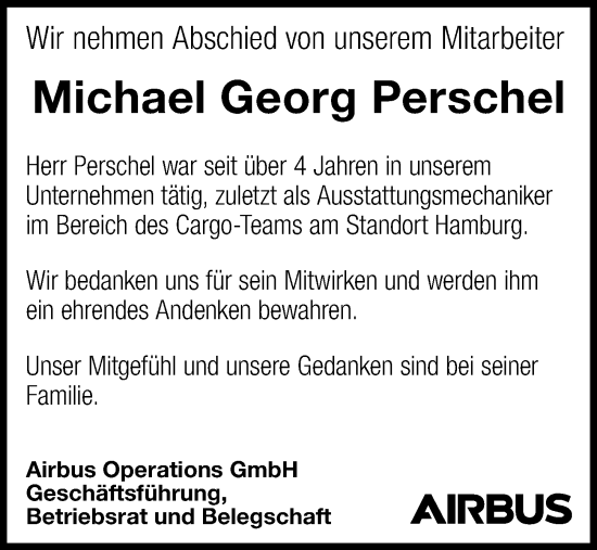 Traueranzeige von Michael Georg Perschel von Hamburger Abendblatt
