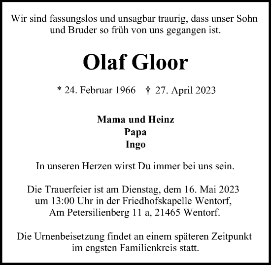 Traueranzeige von Olaf Gloor von Bergedorfer Zeitung