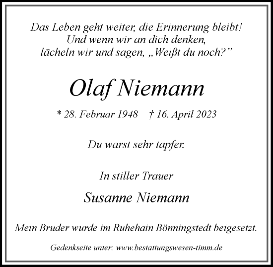 Traueranzeige von Olaf Niemann von Hamburger Abendblatt