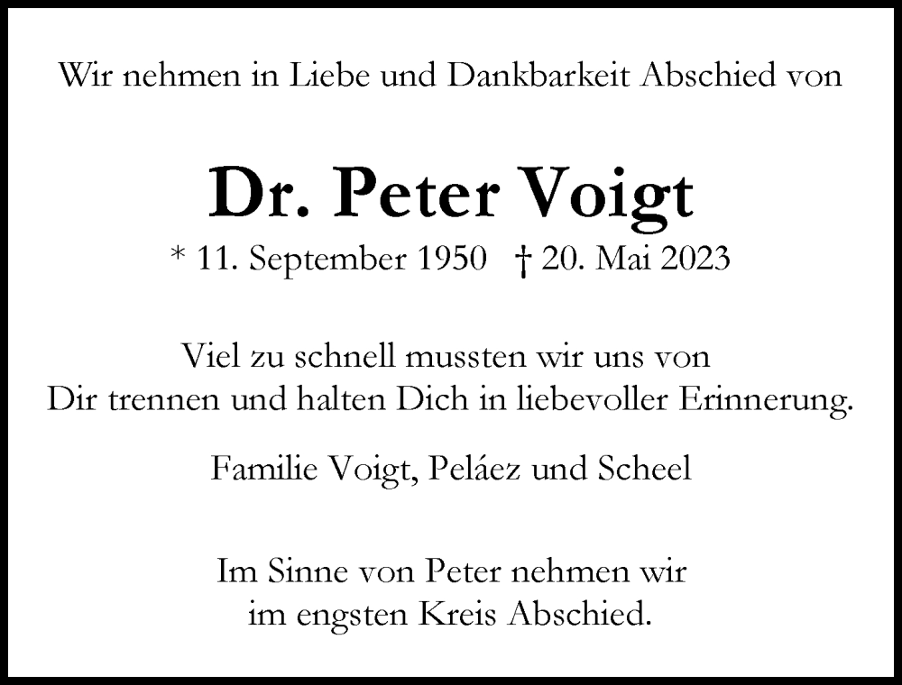  Traueranzeige für Peter Voigt vom 27.05.2023 aus Hamburger Abendblatt