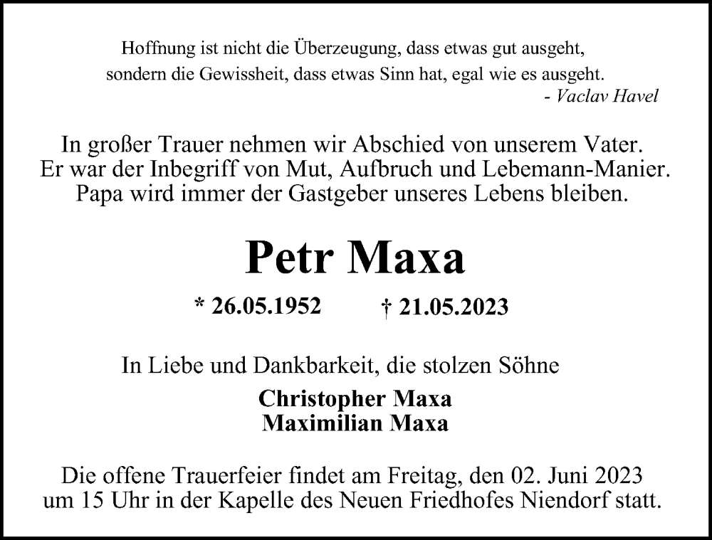  Traueranzeige für Petr Maxa vom 27.05.2023 aus Hamburger Abendblatt
