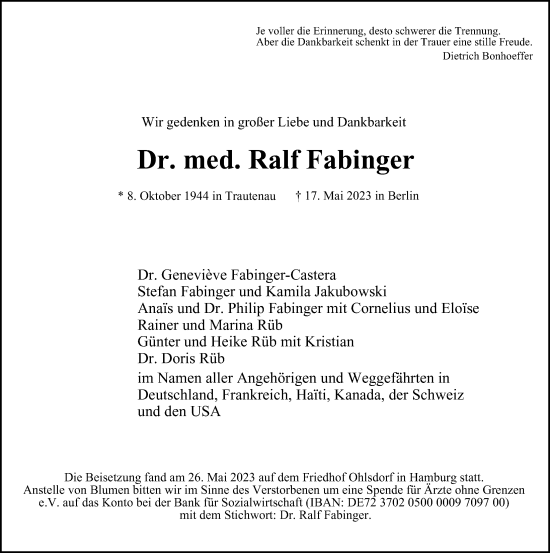 Traueranzeige von Ralf Fabinger von Hamburger Abendblatt