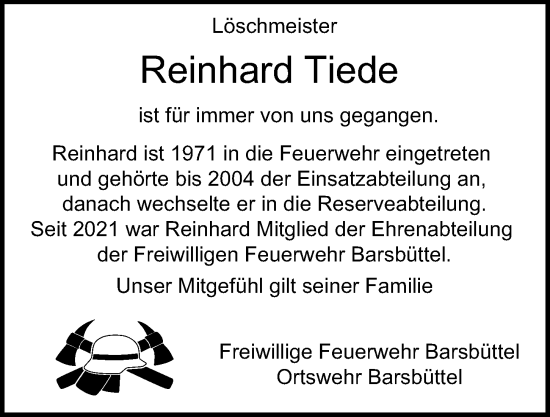 Traueranzeige von Reinhard Thiede von Glinder Zeitung