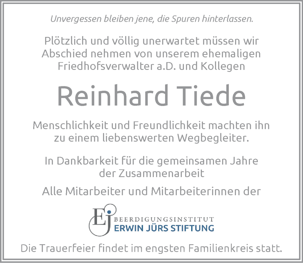  Traueranzeige für Reinhard Tiede vom 20.05.2023 aus Niendorfer Wochenblatt