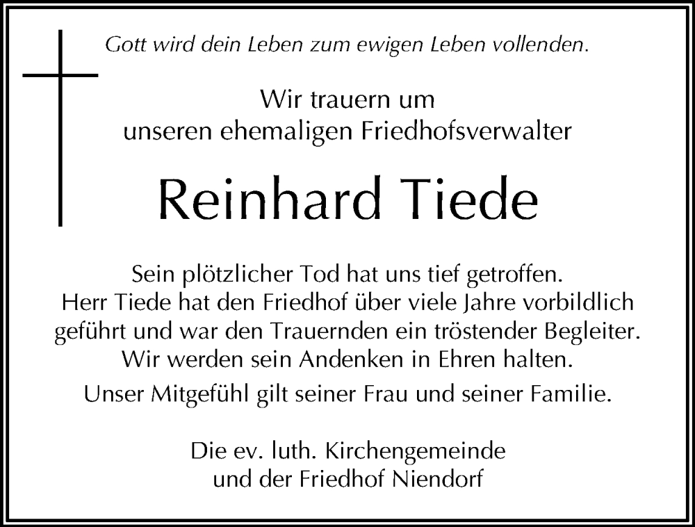  Traueranzeige für Reinhard Tiede vom 20.05.2023 aus Niendorfer Wochenblatt