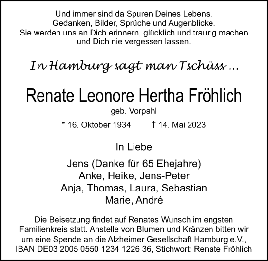 Traueranzeige von Renate Leonore Hertha Fröhlich von Hamburger Abendblatt