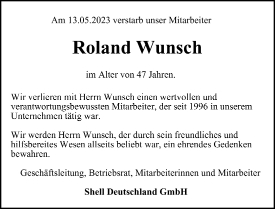 Traueranzeige von Roland Wunsch von Hamburger Abendblatt